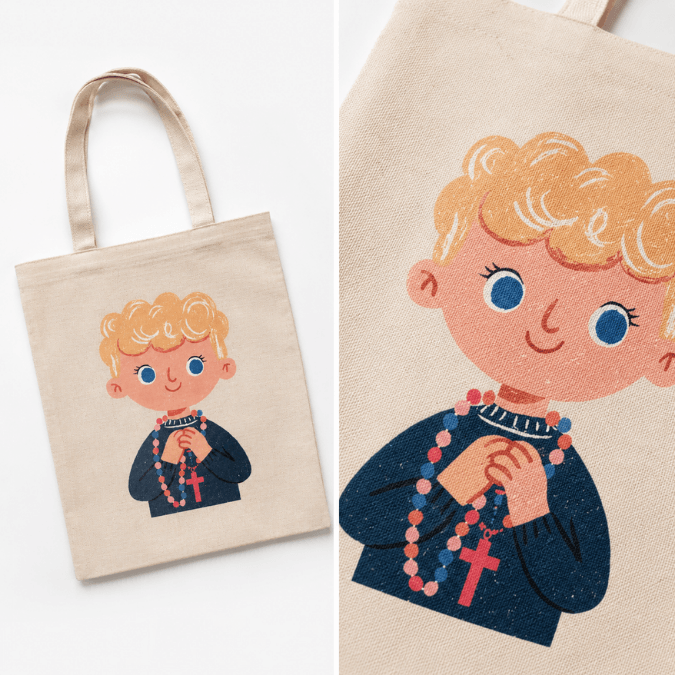 Holy Smoak Studios First Holy Communion Boy Tote Bag Light Skin Tone up close detail image, wholesale Catholic faith tote bag, 12 oz cotton canvas