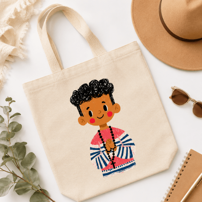First Holy Communion Boy Tote Bag Dark Skin Tone lifestyle shot, Holy Smoak Studios wholesale Christian gift shop tote bag
