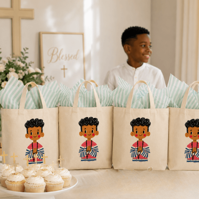 First Holy Communion Boy Tote Bag Dark Skin Tone group display at event with blue tissue paper, Holy Smoak Studios wholesale faith-based retail product