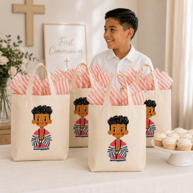 First Holy Communion Boy Tote Bag Dark Skin Tone group display at event with red tissue paper and a plate of cupcakes, Holy Smoak Studios wholesale faith-based retail product