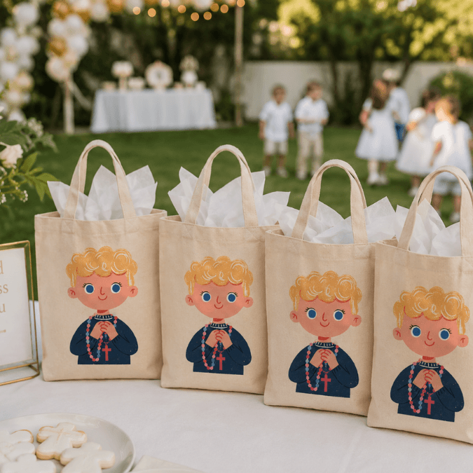 First Holy Communion Boy Tote Bag Light Skin Tone group display, Holy Smoak Studios wholesale faith tote bag collection