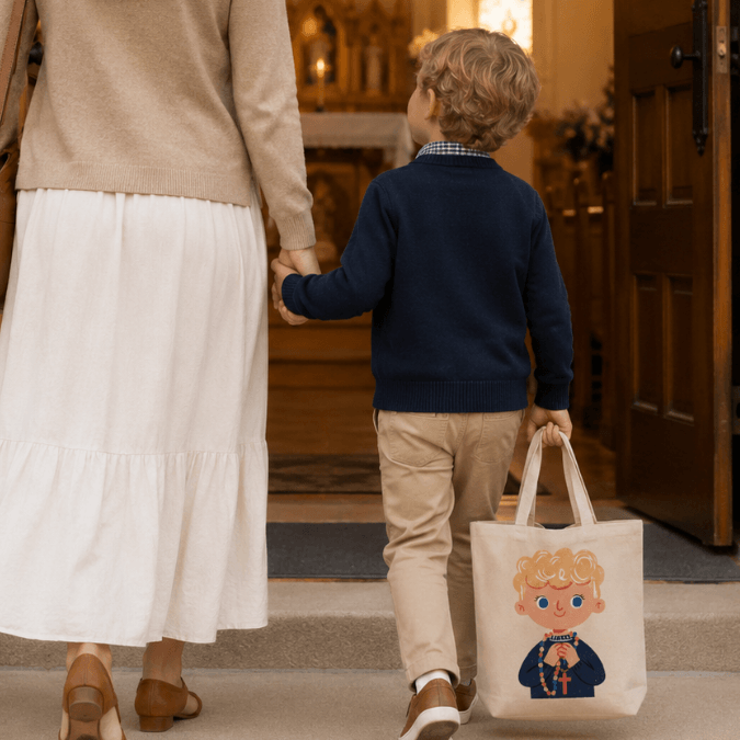 First Holy Communion Boy Tote Bag Light Skin Tone carried outdoors, Holy Smoak Studios wholesale faith-based retail product