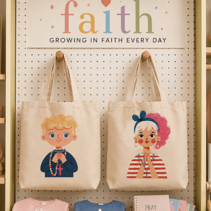 Holy Smoak Studios First Holy Communion Boy Tote Bag Light Skin Tone in retail display, wholesale Catholic gift shop tote