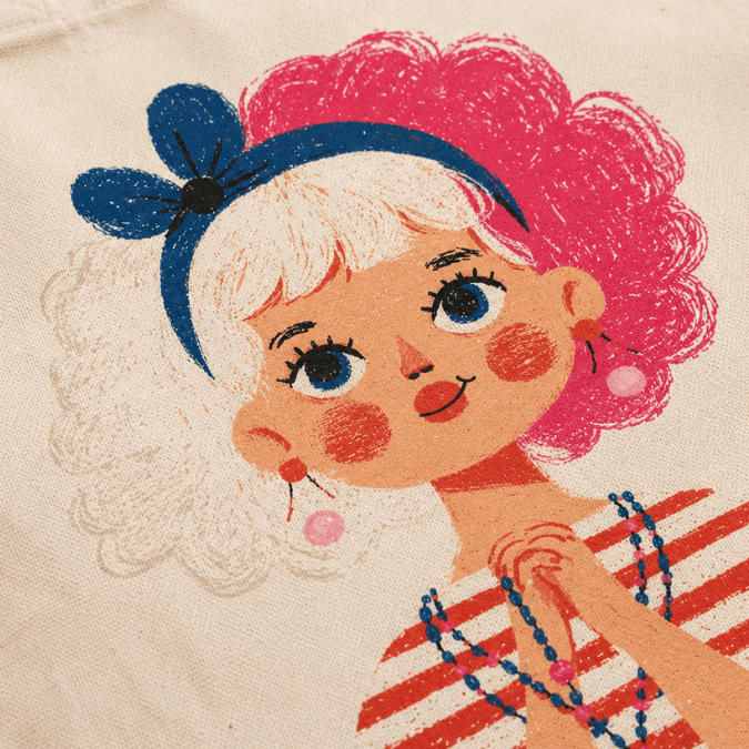 Holy Smoak Studios First Holy Communion Girl Tote Bag Light Skin Tone close up of design, wholesale Catholic faith tote bag, 12 oz cotton canvas