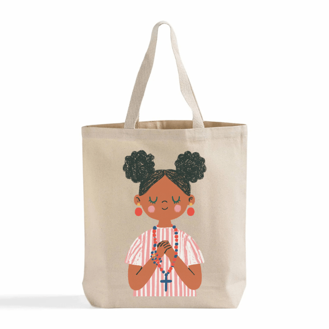 Holy Smoak Studios First Holy Communion Girl Tote Bag Dark Skin Tone, wholesale Catholic faith tote bag, 12 oz cotton canvas