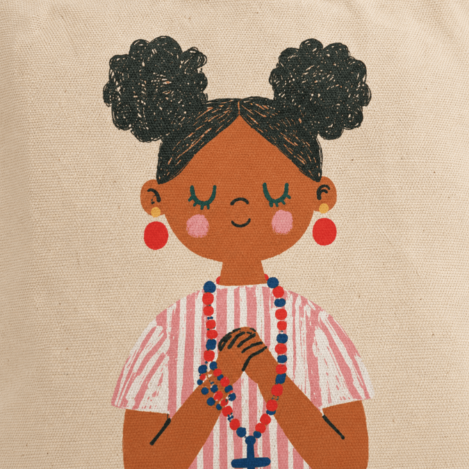 Holy Smoak Studios First Holy Communion Girl Tote Bag Dark Skin Tone close up of design details, wholesale Catholic faith tote bag, 12 oz cotton canvas