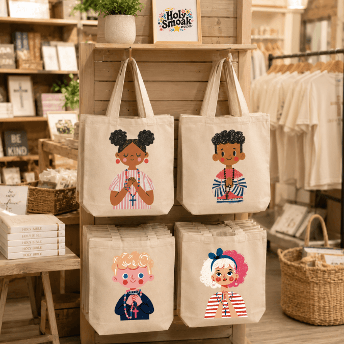 Holy Smoak Studios First Holy Communion Girl Tote Bag collection in retail display, wholesale Catholic gift shop tote