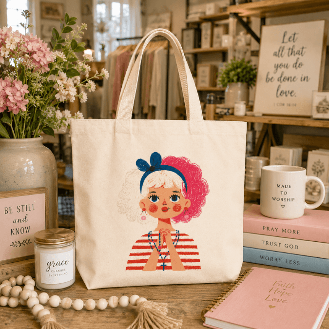 Holy Smoak Studios First Holy Communion Girl Tote Bag Light Skin Tone in retail display, wholesale Catholic gift shop tote