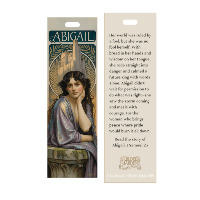 Holy Smoak Studios Gilded Gardens Abigail bookmark front and back display, Women of the Bible wholesale faith-based devotional product