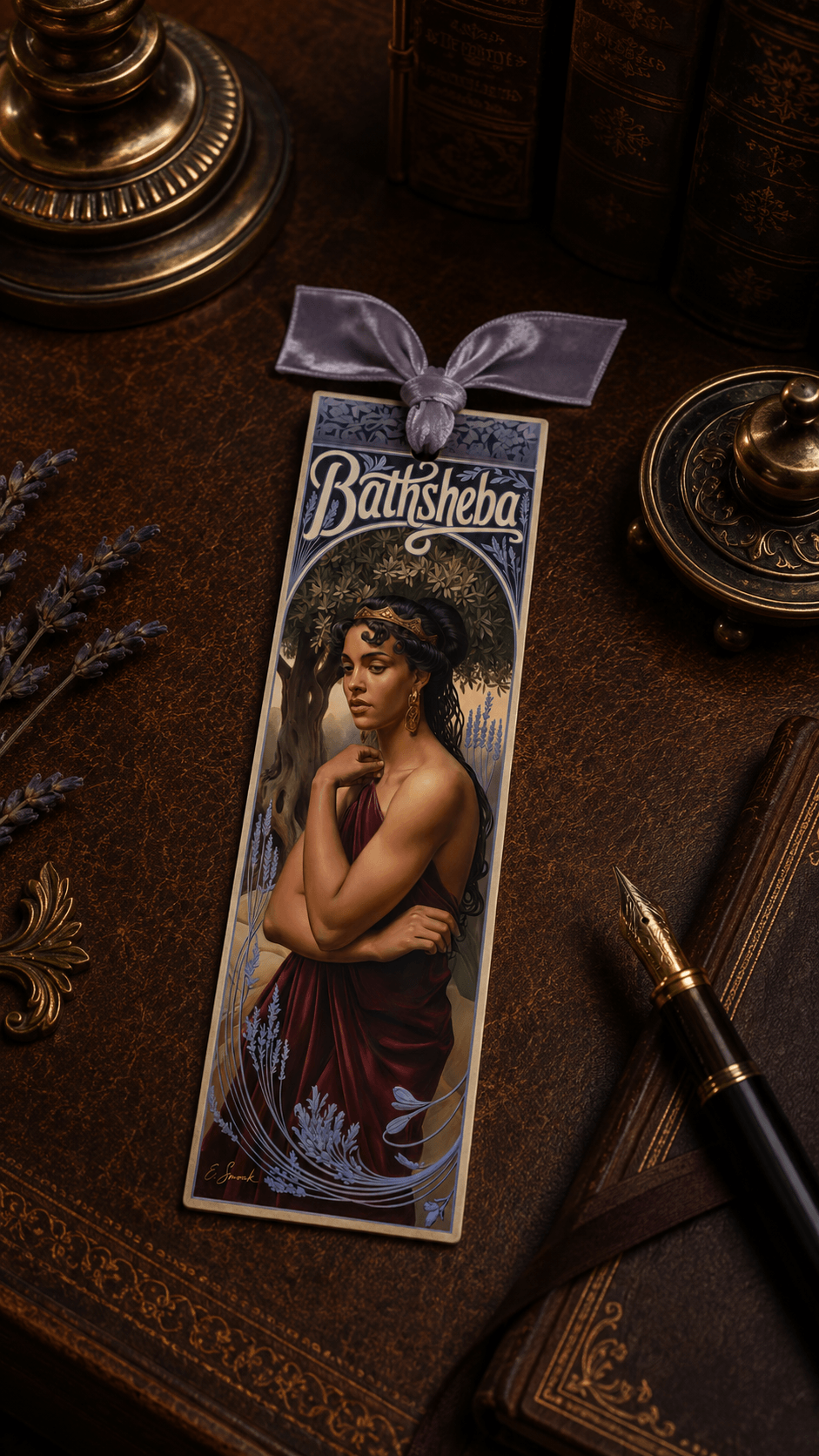 Holy Smoak Studios Gilded Gardens Bathsheba bookmark lifestyle display, Women of the Bible wholesale faith-based devotional product