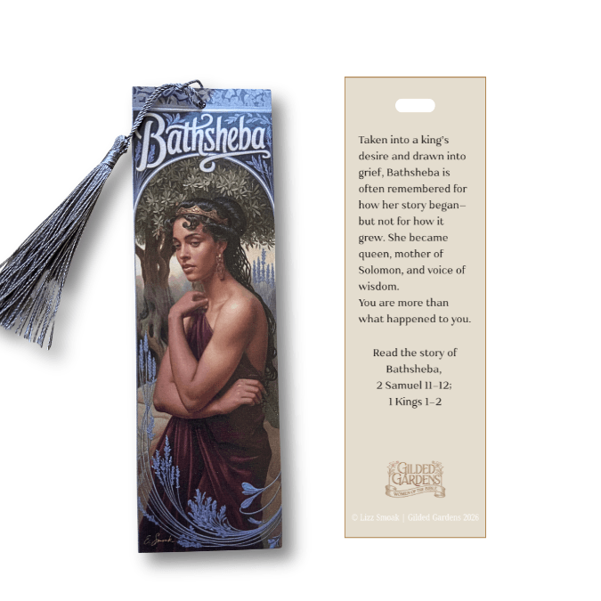 Holy Smoak Studios Gilded Gardens Bathsheba bookmark front and back display, Women of the Bible wholesale faith-based devotional product