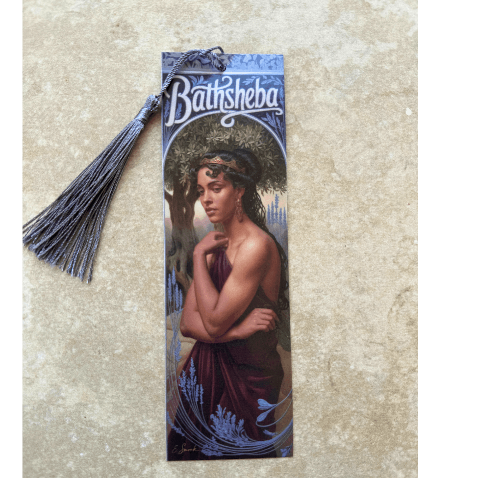 Holy Smoak Studios Bathsheba Gilded Gardens Women of the Bible bookmark with blue tassel, Art Nouveau faith gift, wholesale Christian product, 2x7 inches