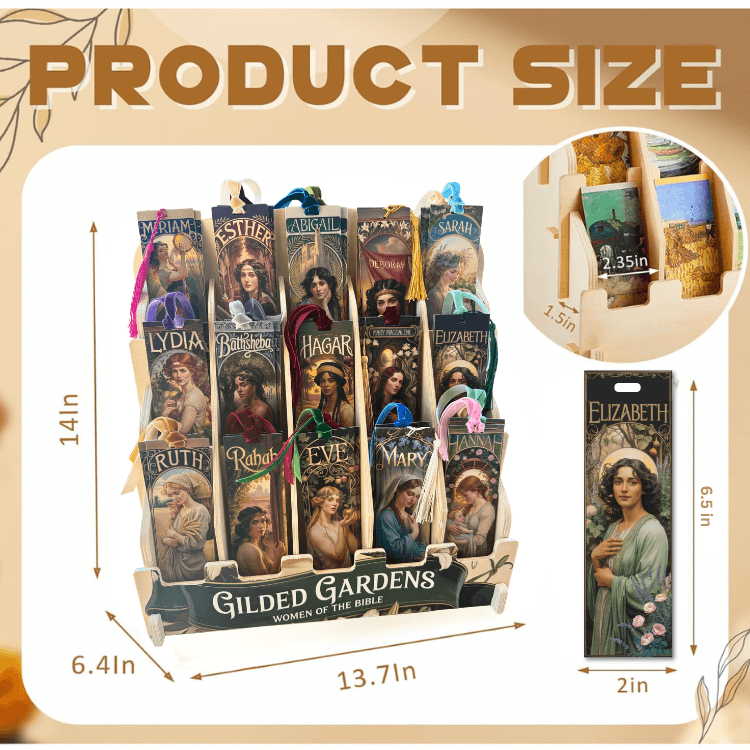 Holy Smoak Studios collection display size for the Gilded Gardens Women of the Bible bookmark collection, Art Nouveau faith gift, wholesale Christian product