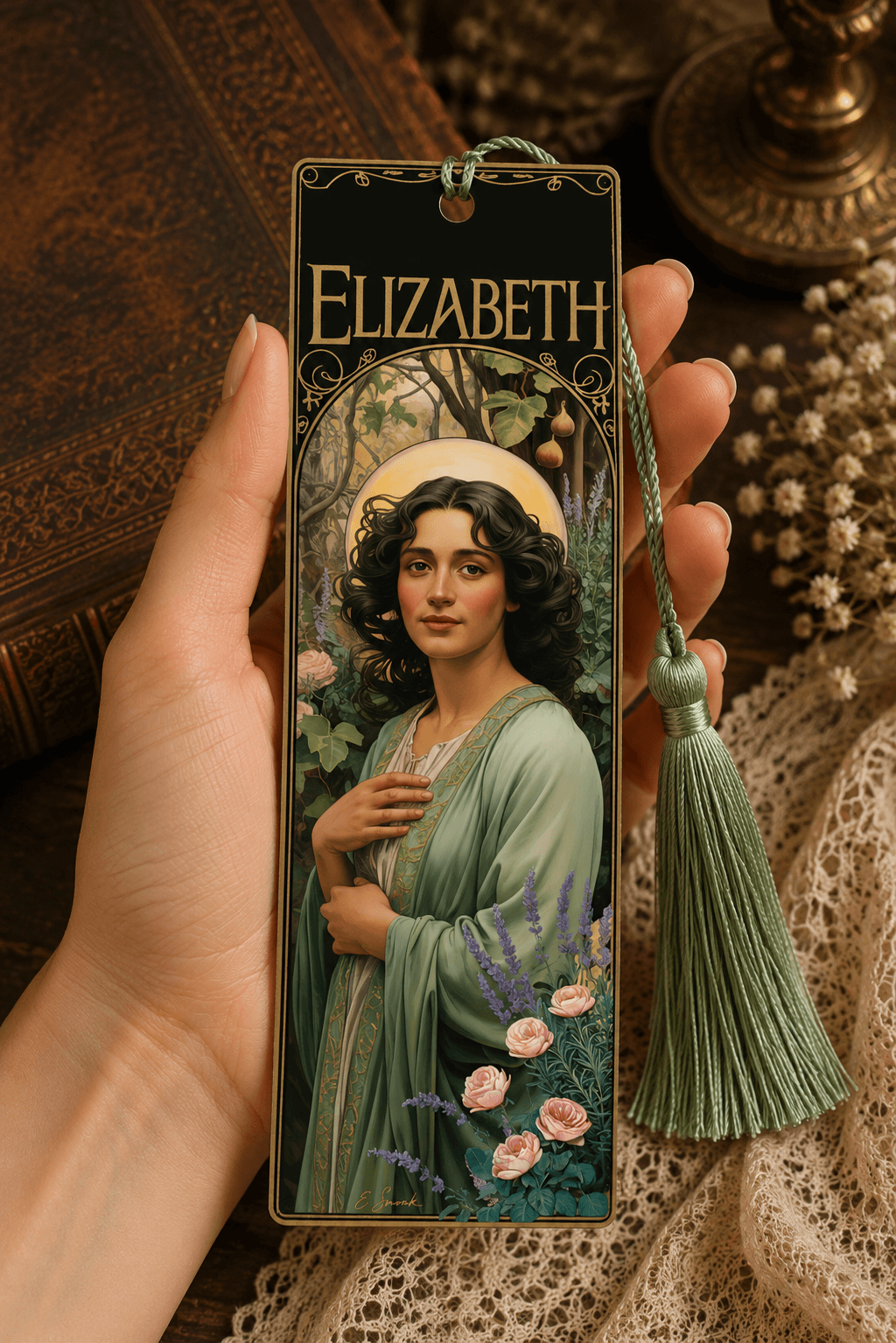 Holy Smoak Studios Elizabeth Gilded Gardens Women of the Bible bookmark, Art Nouveau faith gift, wholesale Christian product, 2x7 inches