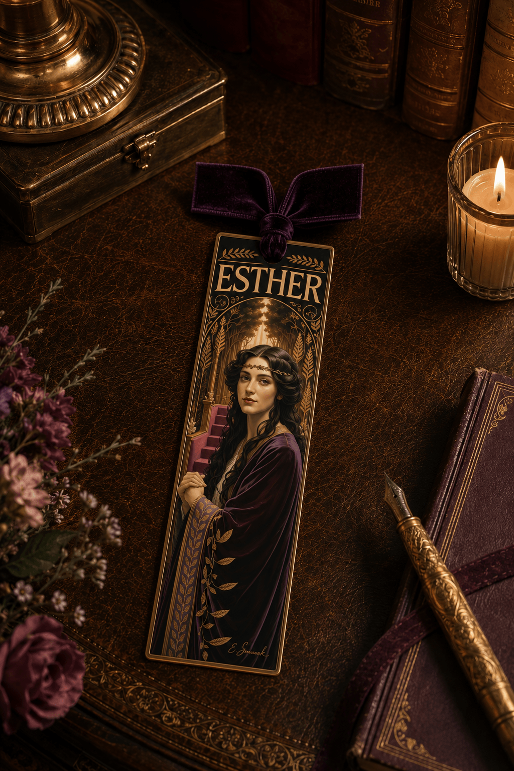 Holy Smoak Studios Gilded Gardens Esther bookmark lifestyle display, Women of the Bible wholesale faith-based devotional product