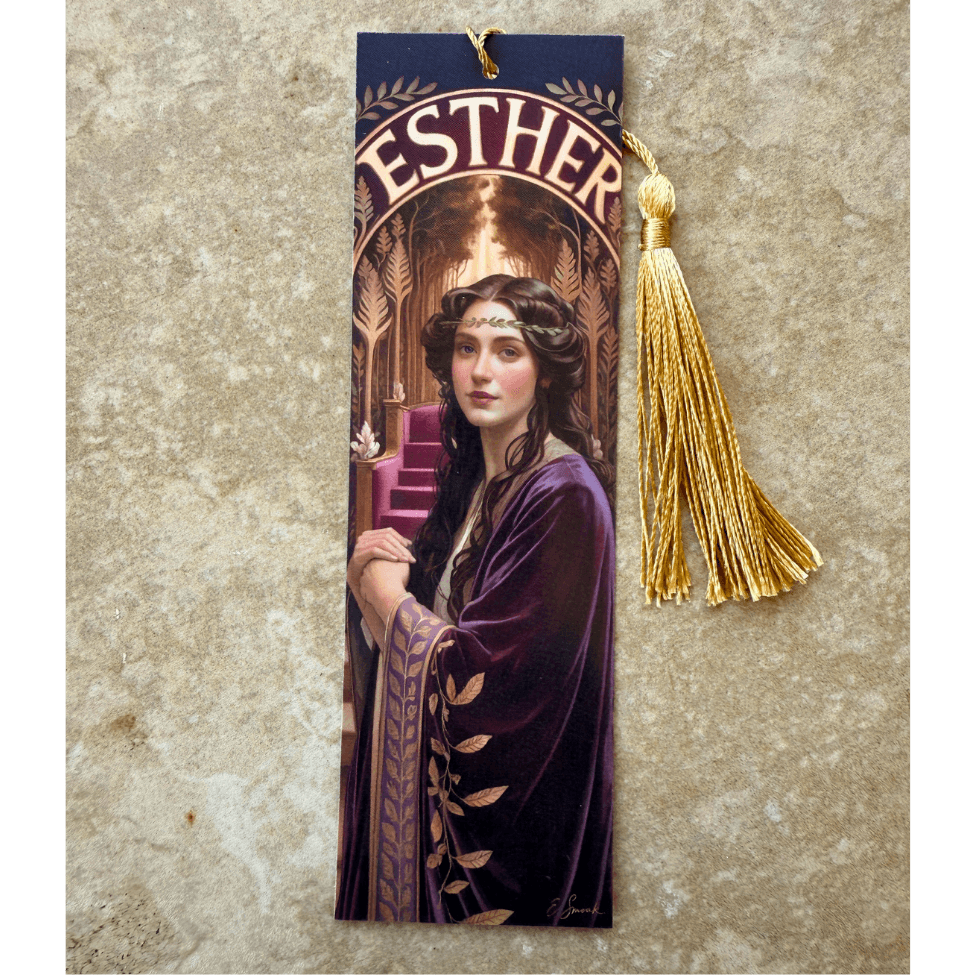 Holy Smoak Studios Esther Gilded Gardens Women of the Bible bookmark with gold tassel, Art Nouveau faith gift, wholesale Christian product, 2x7 inches