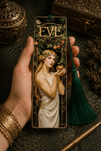 Holy Smoak Studios Gilded Gardens Eve bookmark with dark green tassel lifestyle display, Women of the Bible wholesale faith-based devotional product