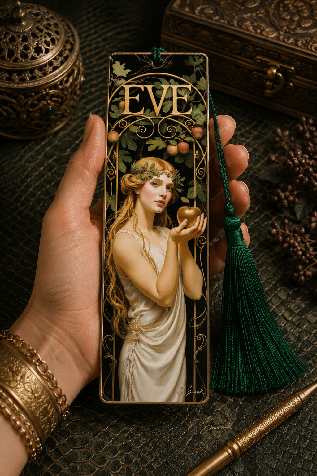 Holy Smoak Studios Gilded Gardens Eve bookmark with dark green tassel lifestyle display, Women of the Bible wholesale faith-based devotional product