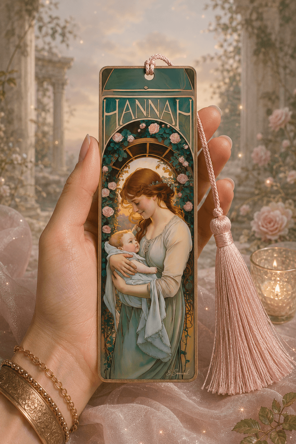 Holy Smoak Studios Gilded Gardens Hannah bookmark lifestyle display, Women of the Bible wholesale faith-based devotional product