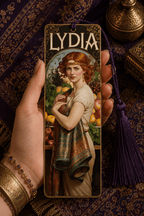 Holy Smoak Studios Gilded Gardens Lydia bookmark with deep purple tassel lifestyle display, Women of the Bible wholesale faith-based devotional product
