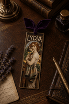 Holy Smoak Studios Gilded Gardens Lydia bookmark lifestyle display on tabletop, Women of the Bible wholesale faith-based devotional product