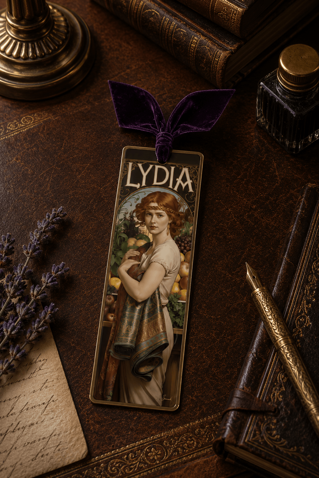 Holy Smoak Studios Gilded Gardens Lydia bookmark lifestyle display on tabletop, Women of the Bible wholesale faith-based devotional product