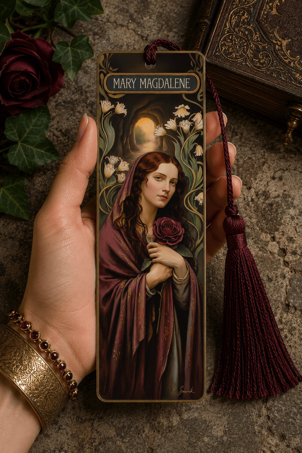 Holy Smoak Studios Mary Magdalene Gilded Gardens Women of the Bible bookmark, Art Nouveau faith gift, wholesale Christian product, 2x7 inches