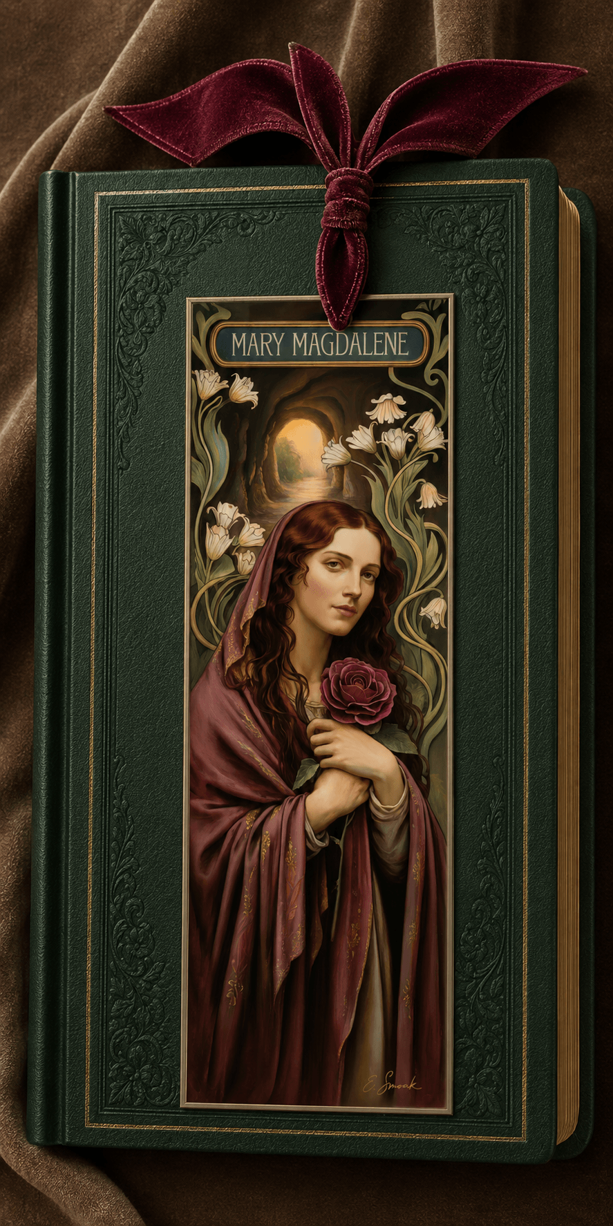 Holy Smoak Studios Gilded Gardens Mary Magdalene bookmark lifestyle display, Women of the Bible wholesale faith-based devotional product