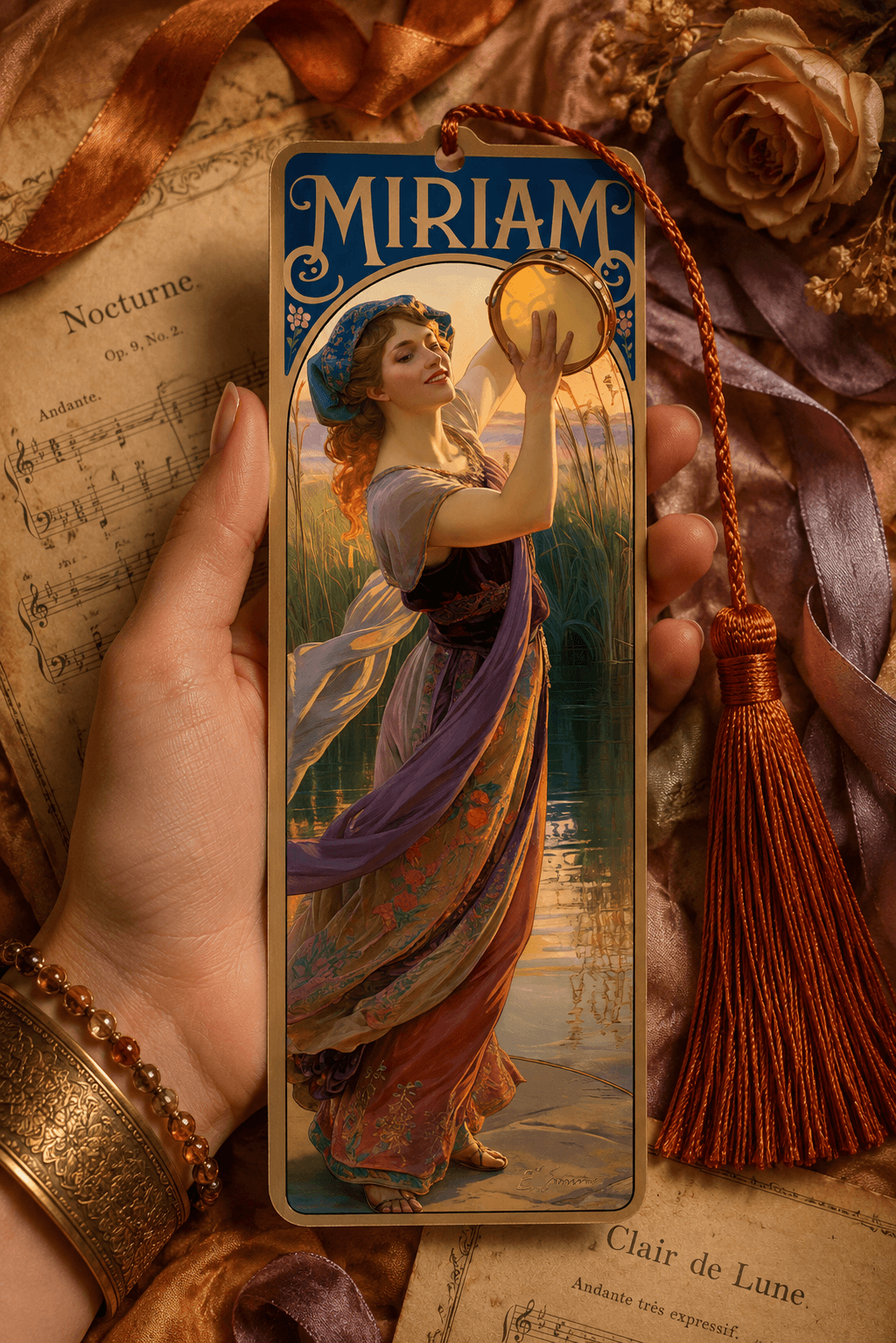 Holy Smoak Studios Gilded Gardens Miriam bookmark lifestyle display, Women of the Bible wholesale faith-based devotional product