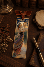 Holy Smoak Studios Gilded Gardens Miriam bookmark lifestyle display on tabletop, Women of the Bible wholesale faith-based devotional product