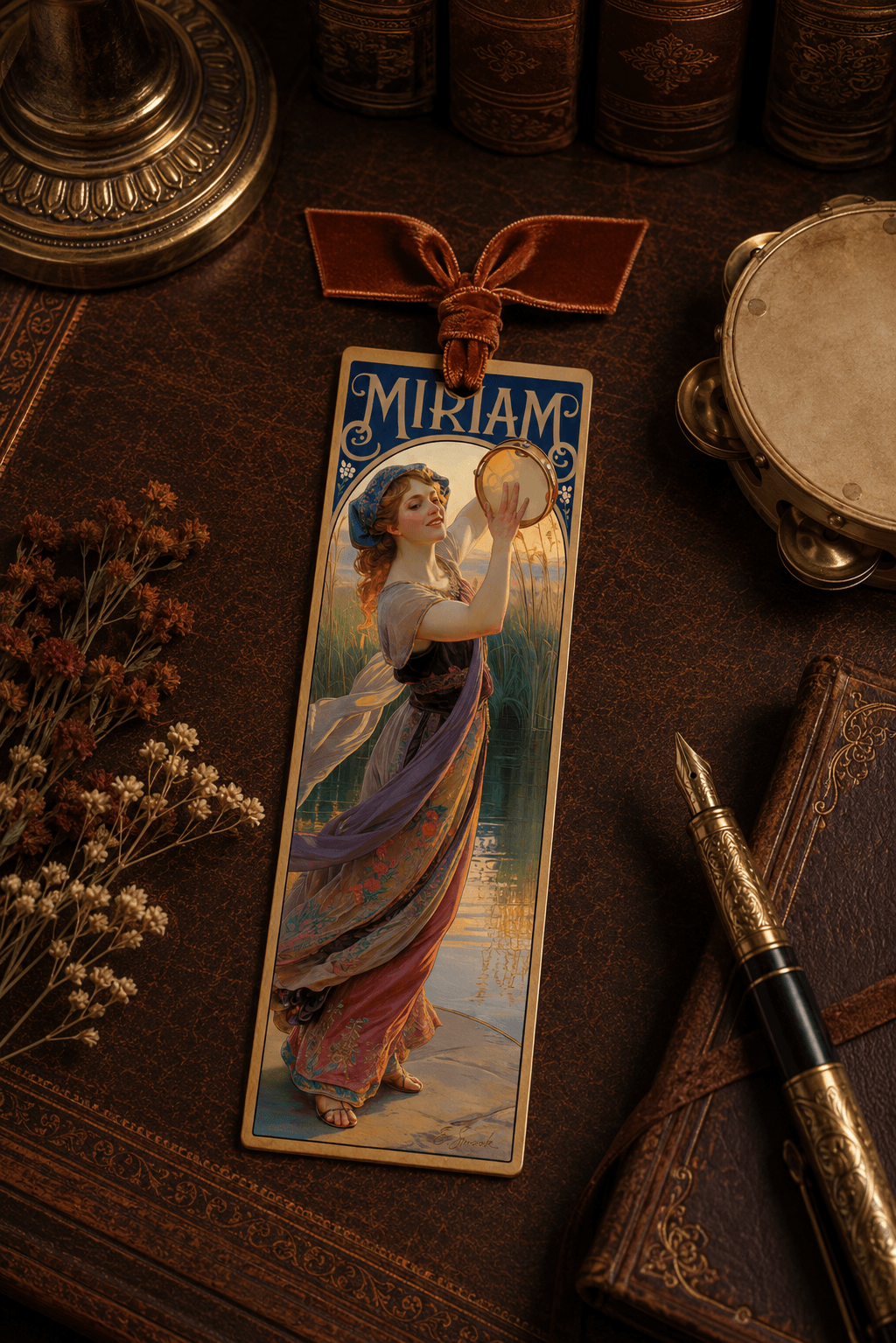 Holy Smoak Studios Gilded Gardens Miriam bookmark lifestyle display on tabletop, Women of the Bible wholesale faith-based devotional product