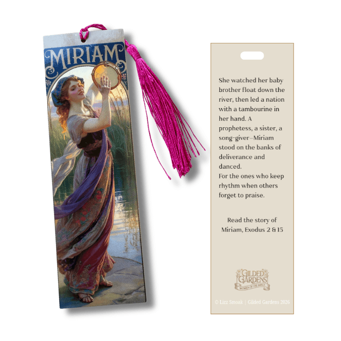 Holy Smoak Studios Gilded Gardens Miriam bookmark front and back display, Women of the Bible wholesale faith-based devotional product